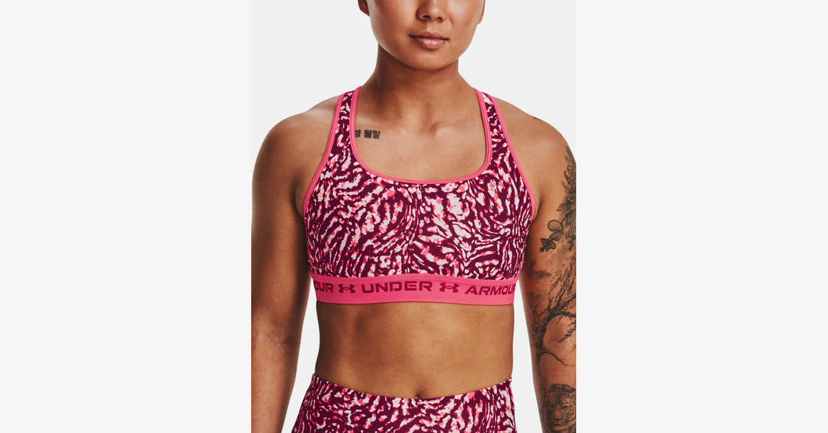 Women's Armour® Mid Crossback Print Sports Bra  Pink sports bra, Printed  sports bra, Crossover straps