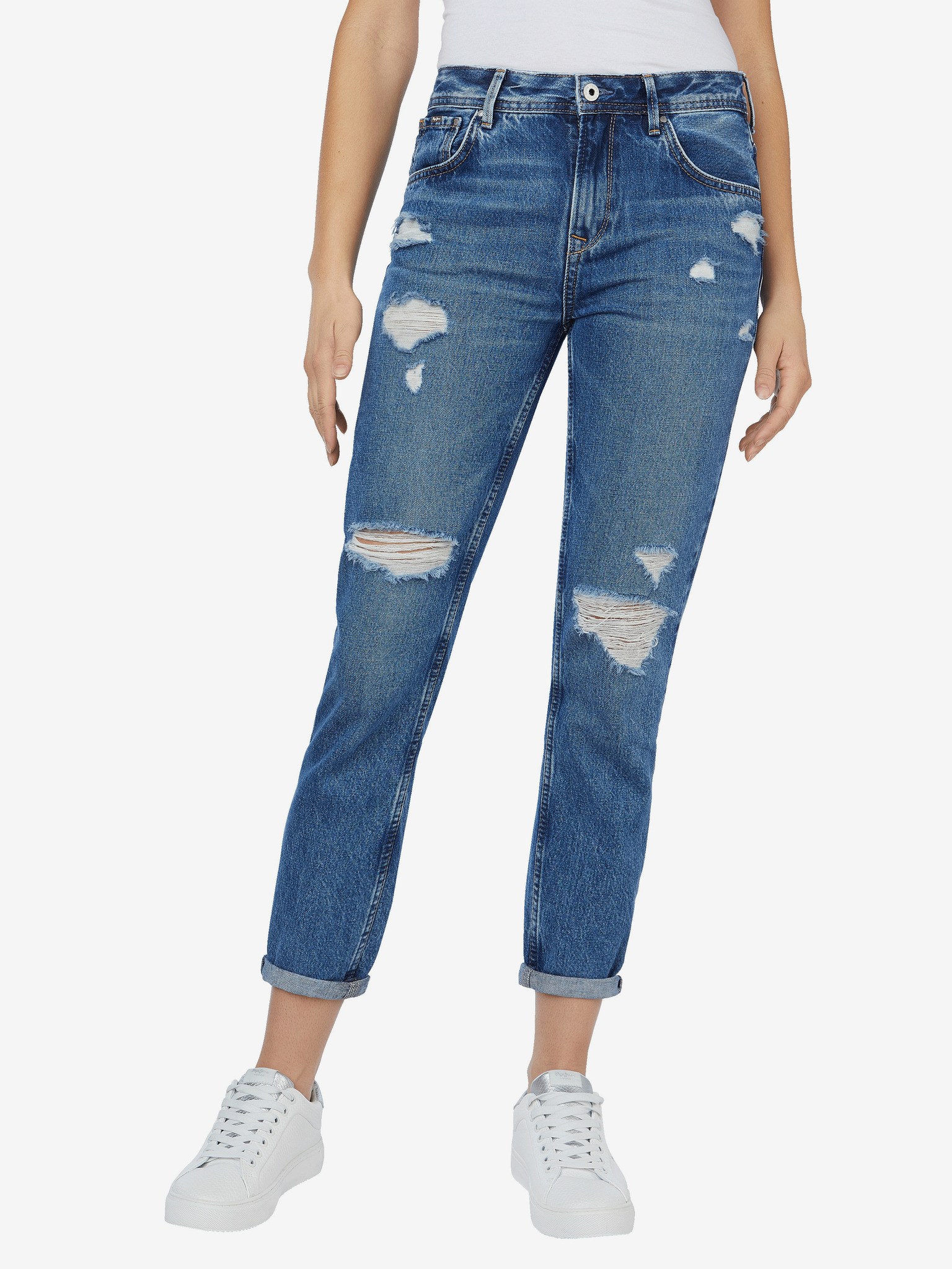 Fotografie Modré dámské zkrácené slim fit džíny s potrhaným efektem Pepe Jeans Violet - S (26)