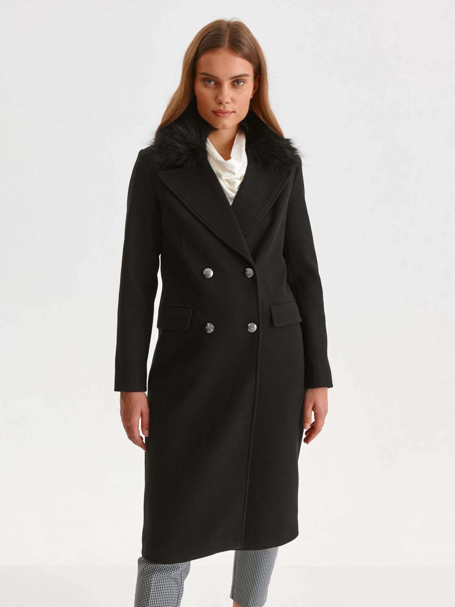 Fotografie Černý kabát s límcem z umělého kožíšku TOP SECRET - XL