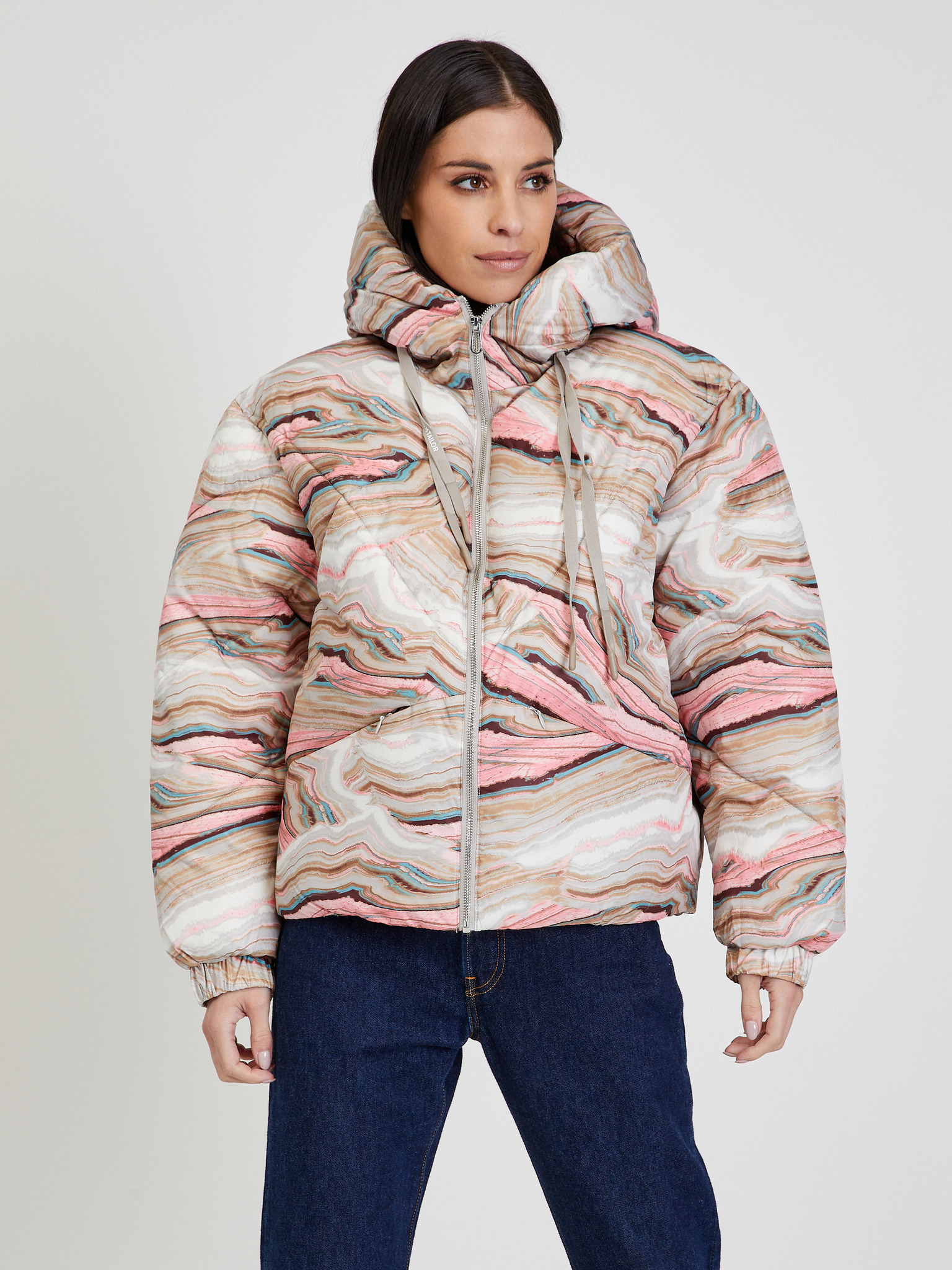 Fotografie Růžovo-béžová dámská vzorovaná zimní prošívaná bunda Tom Tailor Denim - XS